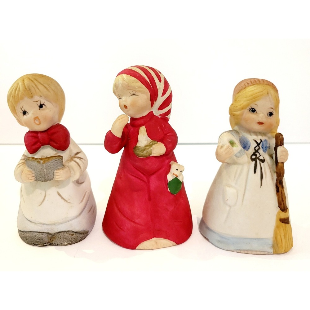 Jasco 1978 Merri-Bells Fine Bisque Porcelain Figurine Bells Vintage Set of 3